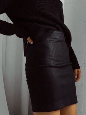 VETTA Black Leatherette Waxed Cotton Fitted Stretch Denim Mini Skirt Zipper 4